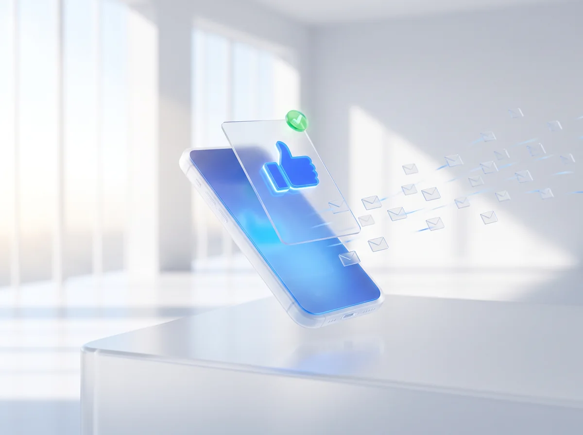 A phone floating in a bright room with a holographic approval card and thumbs-up rising from its screen