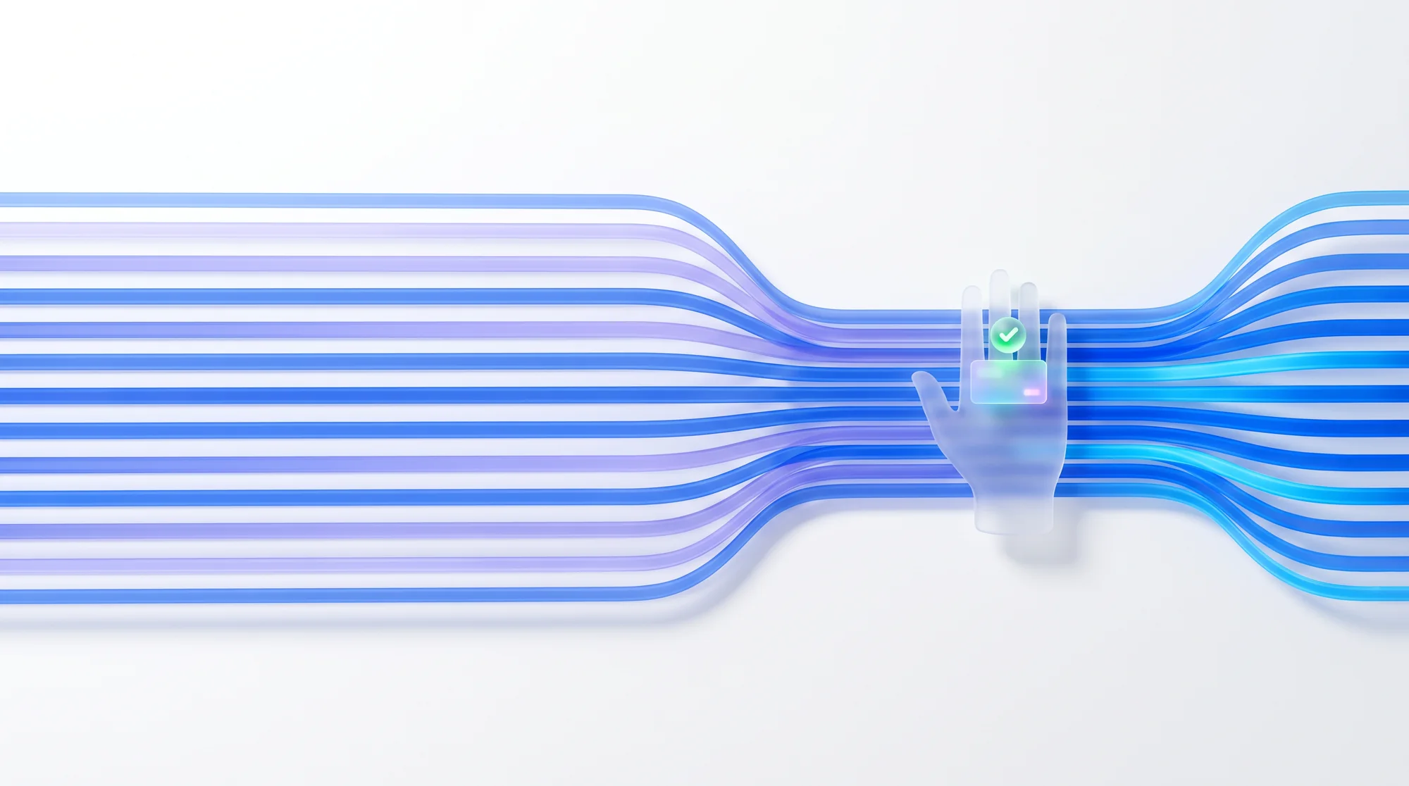 Streams of automated work converging at a translucent human hand holding one glowing card before flowing on brighter