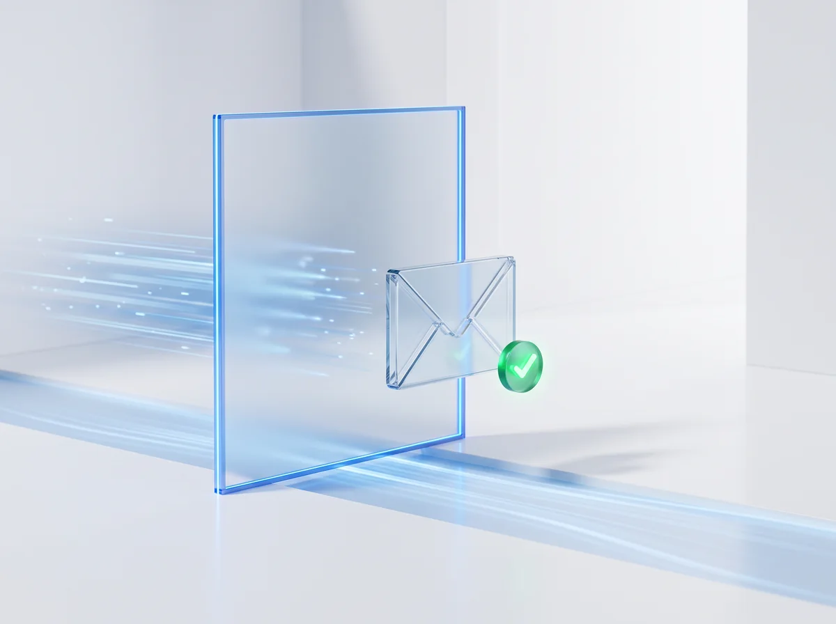 A frosted glass gate holding one email still while the fast stream waits behind it, a green check hovering